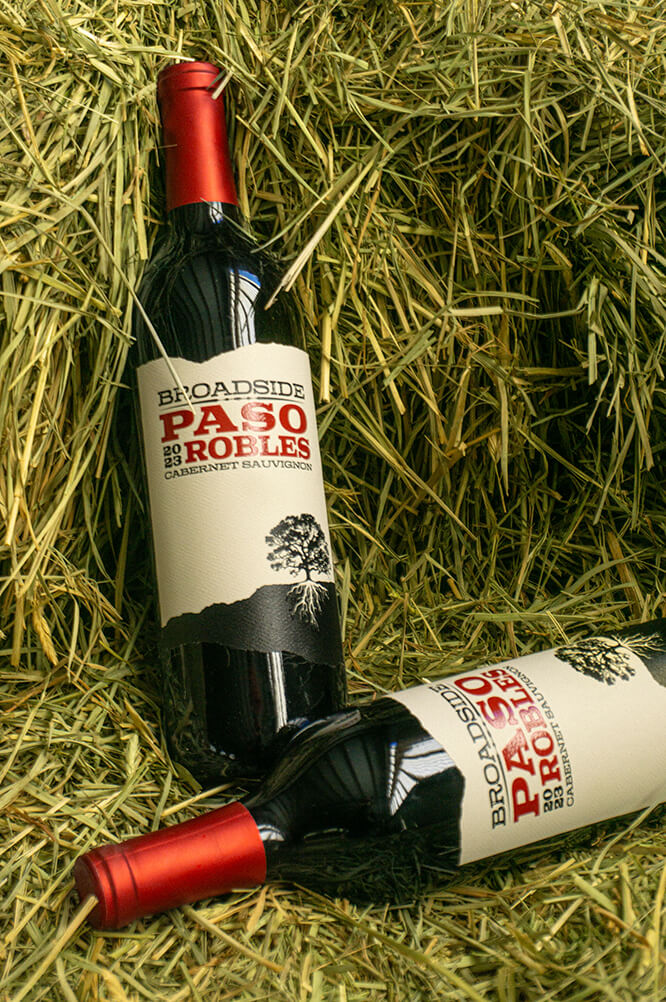 two bottles of 2023 cabernet sauvignon on some hay